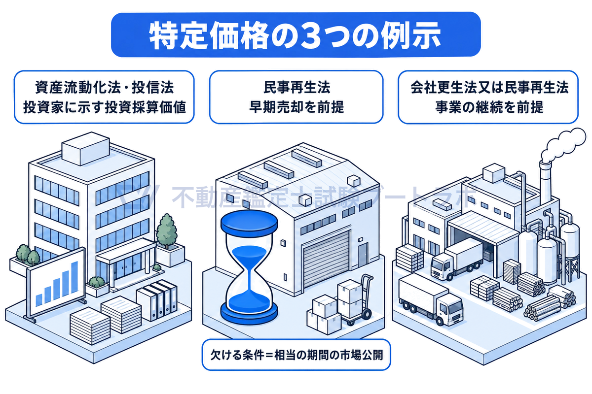 特定価格の3つの例示を、投資家向け資料のある賃貸ビル、砂時計の置かれた売却前の工場、稼働を続ける工場の3つの場面に分け、法令と前提の組み合わせと、早期売却で欠ける市場公開の条件を示した図。