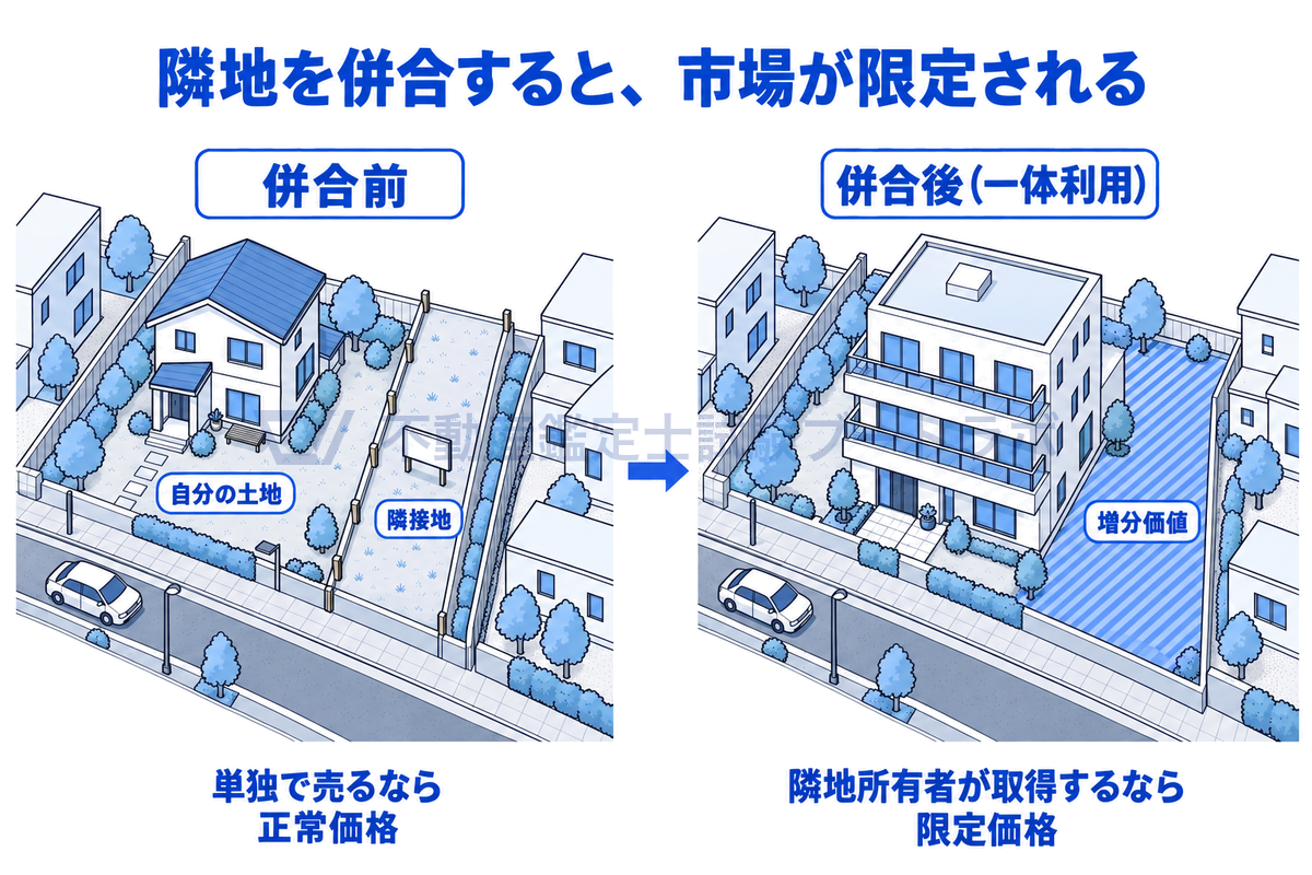自分の土地と細長い隣接地を、併合前と併合後の左右2コマで描いた図。隣接地を単独で売れば正常価格だが、隣地所有者が取得して一体利用すると増分価値が生まれ、その取得は市場が限定された限定価格になることを示している。