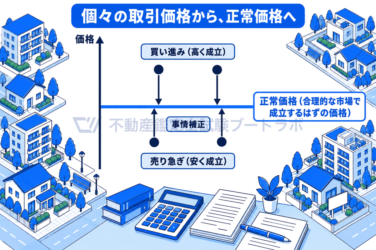 縦軸を価格とした平面のグラフに、合理的な市場で成立するはずの正常価格の水平線を引き、売り急ぎで安く成立した取引と買い進みで高く成立した取引の点を、事情補正の矢印で正常価格の線に戻す様子を描いた図。周りに取引された家々の情景を添えている。