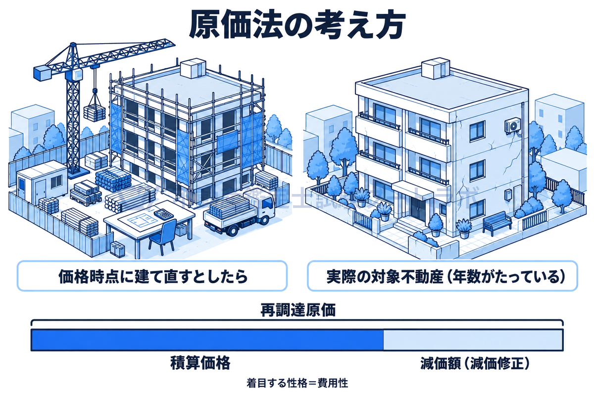 原価法の考え方を示す図。価格時点に同じ建物を建て直す現場と、年数を経た実際の建物を並べ、再調達原価の棒から減価額を差し引いた残りが積算価格になる関係を、費用性に着目した手法として示している。