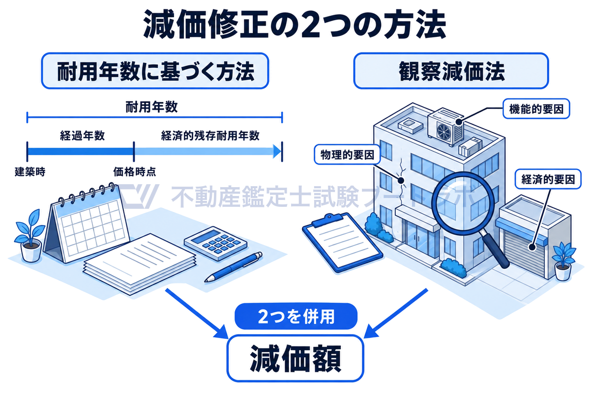 減価修正の2つの方法を示す図。左は経過年数と経済的残存耐用年数を合わせた耐用年数の時間軸、右は建物を点検して物理的・機能的・経済的要因を観察する場面で、両方から減価額へ矢印が合流し、併用することを示している。