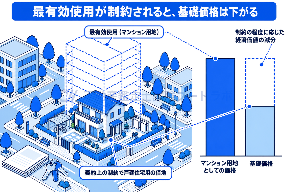 最有効使用がマンション用地の土地を、契約上の制約で戸建住宅用の借地として貸す場面の図。マンションが建つ前提の価格をそのまま基礎価格にせず、使用方法が制約されている程度に応じた経済価値の減分を差し引いて基礎価格を求めることを示している。