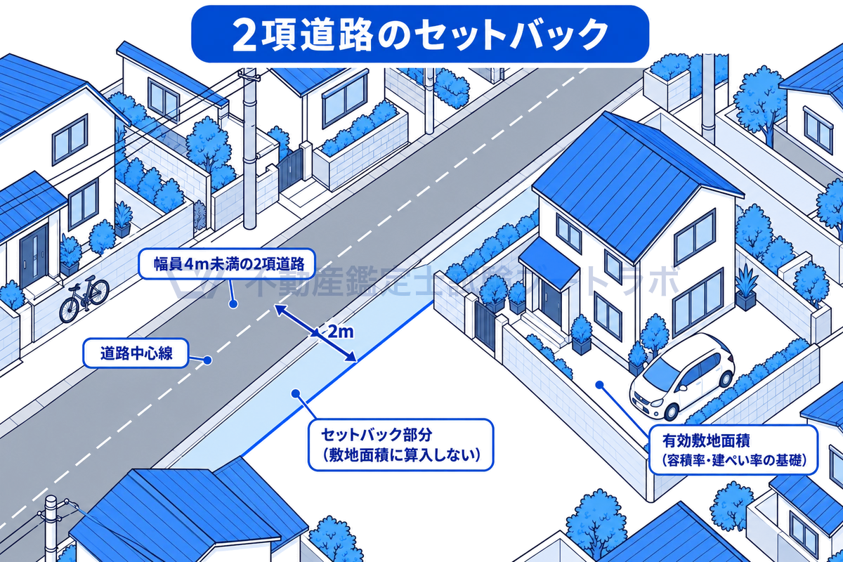 幅員4m未満の2項道路に面した住宅の敷地をアイソメで描いた図。道路中心線から2mの位置まで敷地を後退させ、後退した帯状の部分は敷地面積に算入されず、残りが容積率・建ぺい率の基礎となる有効敷地面積になる様子を示す。