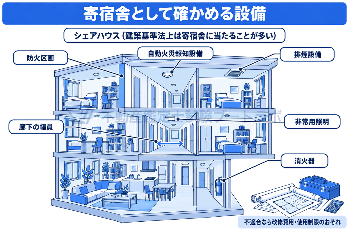 シェアハウスで確認する法令上の設備を建物の断面の情景で示した図。建築基準法上は寄宿舎に当たることが多く、防火区画、廊下の幅員、非常用照明、排煙設備、消防法の自動火災報知設備や消火器などを確かめ、不適合なら改修費用や使用制限のおそれがあることを表している。