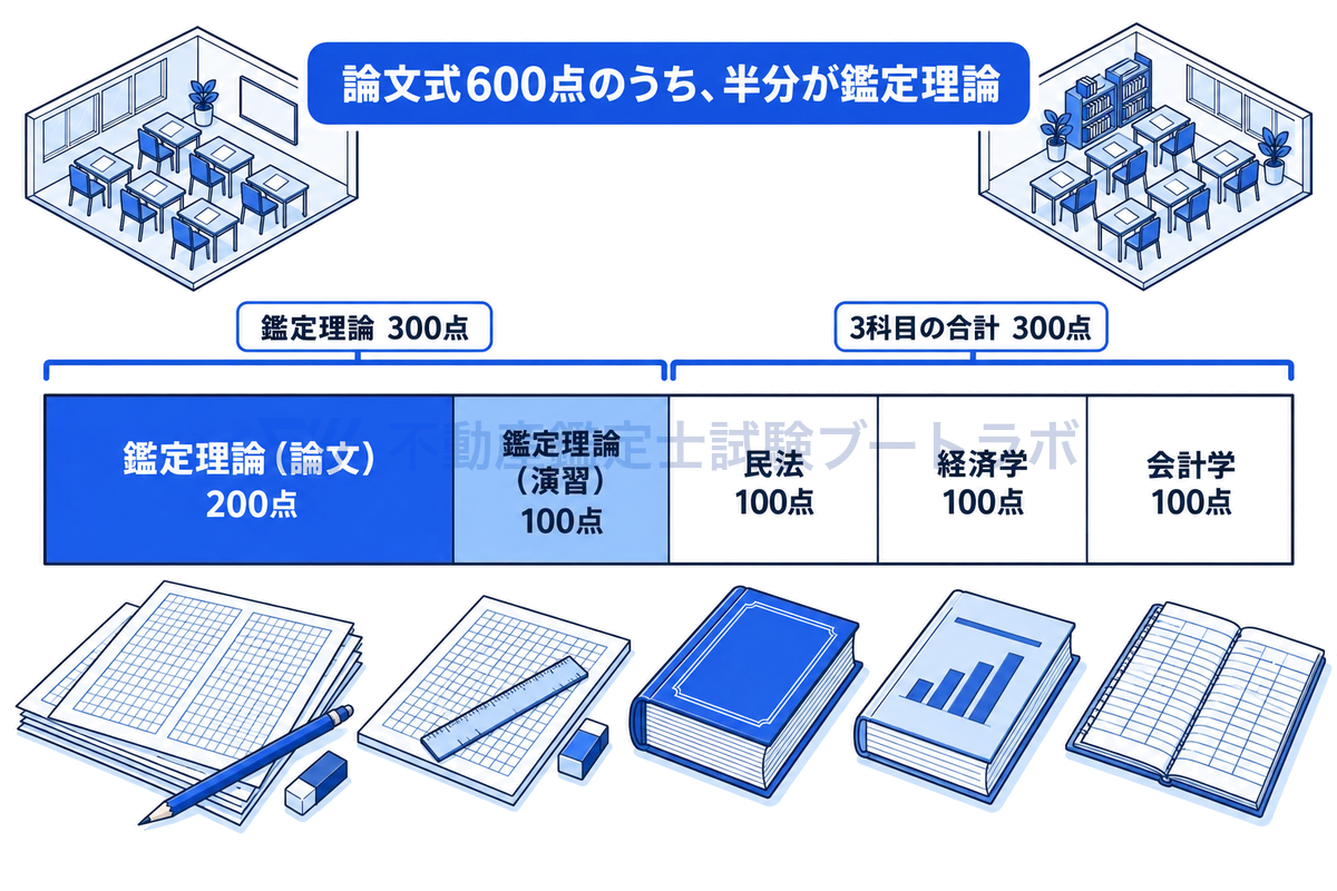 論文式試験の600点を1本の横帯で科目ごとに区切った図。鑑定理論の論文200点と演習100点で全体の半分の300点を占め、民法・経済学・会計学は各100点で、3科目を合わせても鑑定理論と同じ300点であることを示す。
