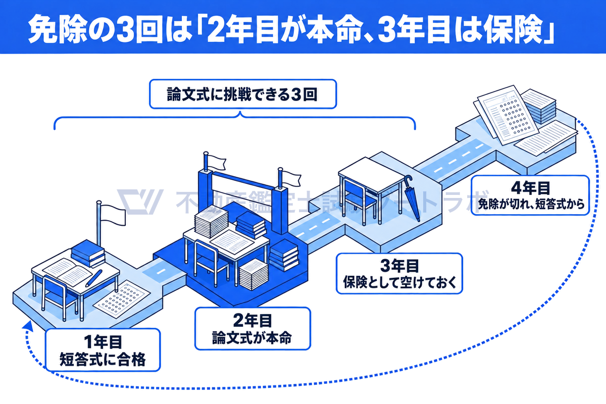 短答式に合格した1年目から4年目までを1本の道で示した図。1年目に短答式に合格し、2年目の論文式を本命に置き、3年目は保険として空けておく。4年目は免除が切れて短答式からやり直しになる。