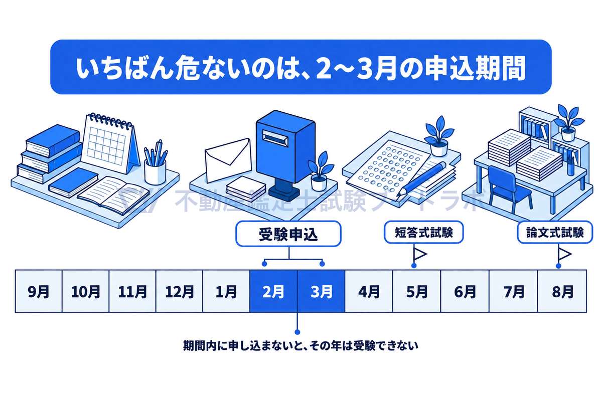 9月から翌年8月までの12か月を横に並べた図。2月から3月の受験申込の期間を青で強調し、5月の短答式試験、8月の論文式試験の位置を示す。学習の進み具合に関係なく、申込を逃すとその年は受験できないことを伝える。