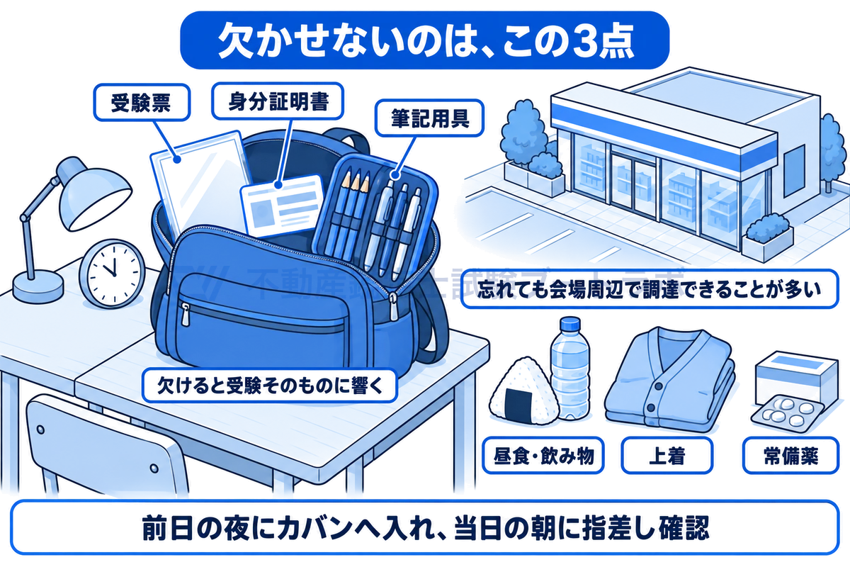 試験前夜の机の上の情景。開いたカバンの中に受験票、身分証明書、筆記用具の3点が入っており、欠けると受験そのものに響くと示す。カバンの外の昼食・飲み物、上着、常備薬は会場周辺で調達できることが多いと区別し、前日の夜にカバンへ入れて当日の朝に指差し確認する流れを添えている。