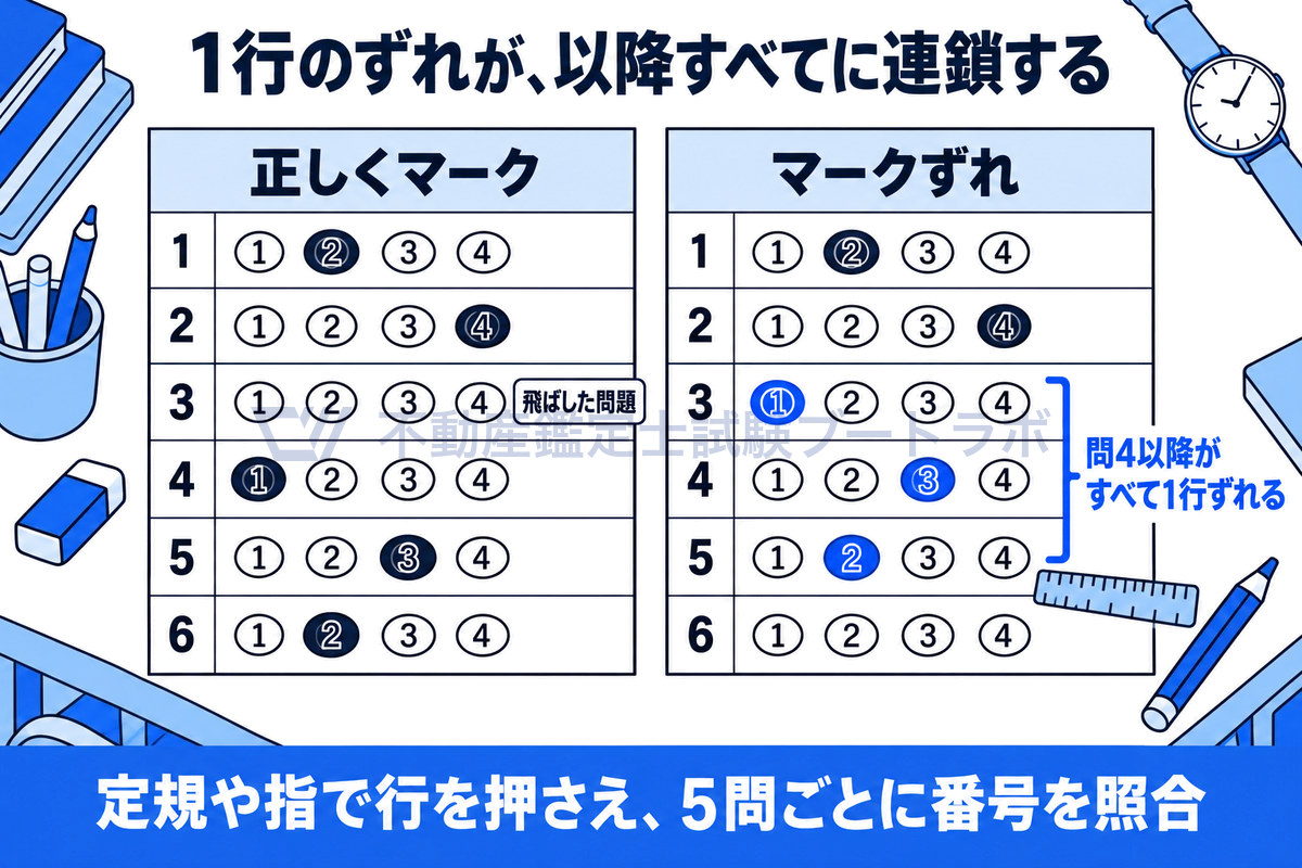 マークシートを2枚並べた図。左は問3を飛ばしても正しい行にマークした例、右は問4の答えを3行目に塗ったため問4以降がすべて1行ずつずれた例。定規や指で行を押さえ、5問ごとに番号を照合する対策を添える。