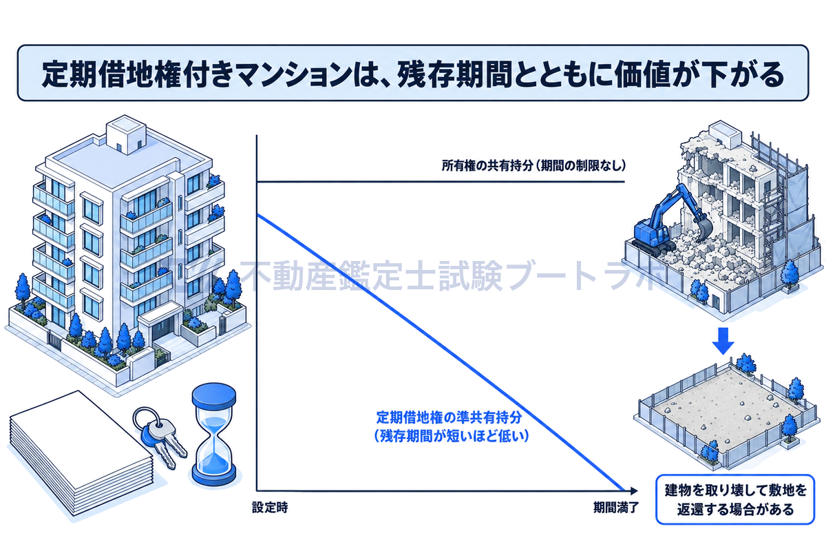 定期借地権付きマンションの敷地利用権の価値の変化を模式的に示した図。所有権の共有持分は期間の制限がないのに対し、定期借地権の準共有持分は残存期間が短くなるほど価値が低くなり、期間満了時に建物を取り壊して敷地を返還する場合があることを表している。