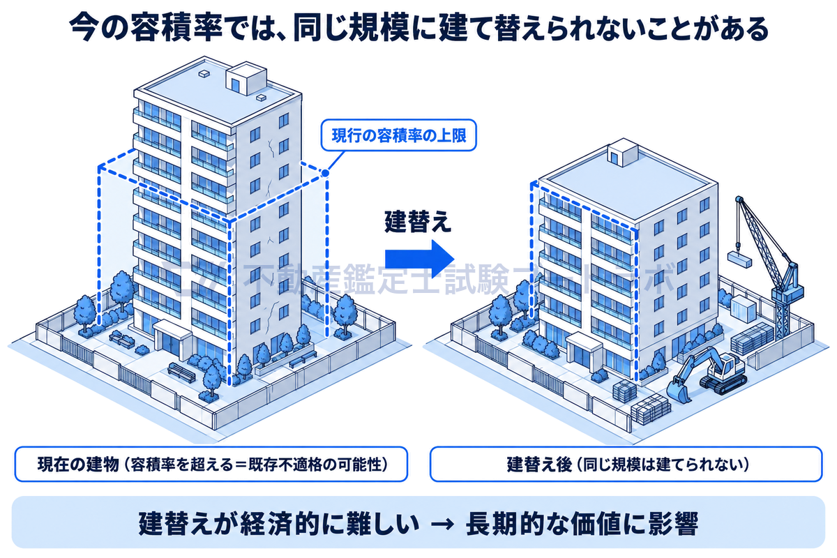 容積率と建替えの関係をマンションの情景で示した図。現在の建物が現行の容積率の上限を超えている場合は既存不適格の可能性があり、建て替えると同じ規模の建物を建てられず、建替えが経済的に難しくなって長期的な価値に影響することを表している。