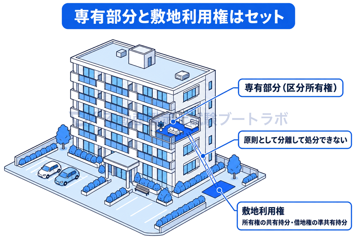 マンションの1住戸（専有部分）と、その住戸に対応する敷地の持分（敷地利用権）を線で結んだ図。敷地利用権は所有権の共有持分か借地権の準共有持分で、原則として専有部分と分離して処分できない。