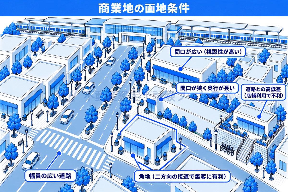駅に近い商業街区を斜め上から描き、二方向に接道する角地、間口が広く視認性の高い画地、間口が狭く奥行の長い画地、幅員の広い道路に面する画地を示して、商業地の画地条件の差を見せた図。