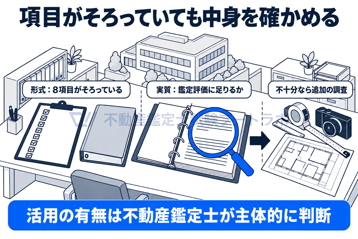 ERの形式と実質の違いを机の上の情景で示す図。左は8項目すべてにチェックの入ったチェックリストで形式はそろっているが、右で虫眼鏡で中身を見ると記述が欠けており、足りなければ現場の追加調査へ進む。活用の有無は鑑定士が主体的に判断する。
