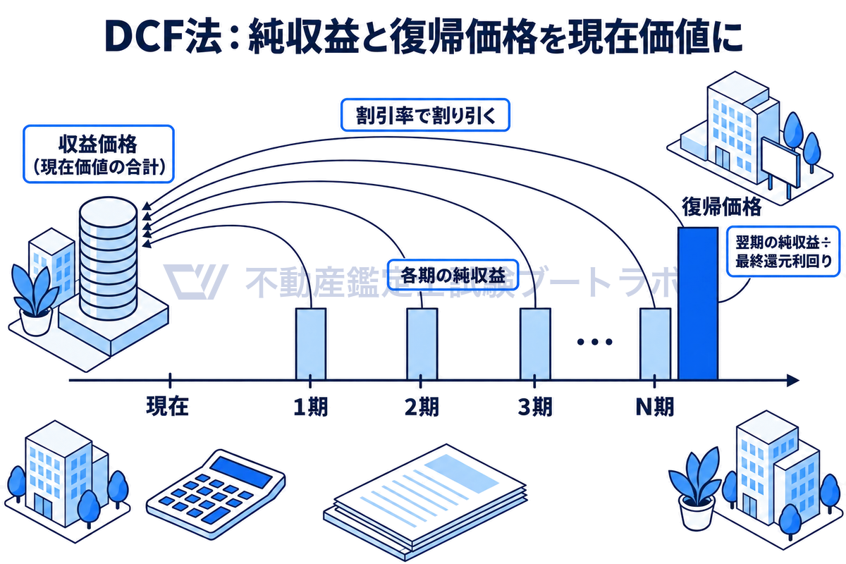 現在から1期、2期、3期、N期までの時間軸に各期の純収益の棒を並べ、N期には翌期の純収益を最終還元利回りで還元した復帰価格の高い棒を置き、それぞれを割引率で現在に割り引いて合計したものが収益価格になるDCF法の仕組みを示した図。