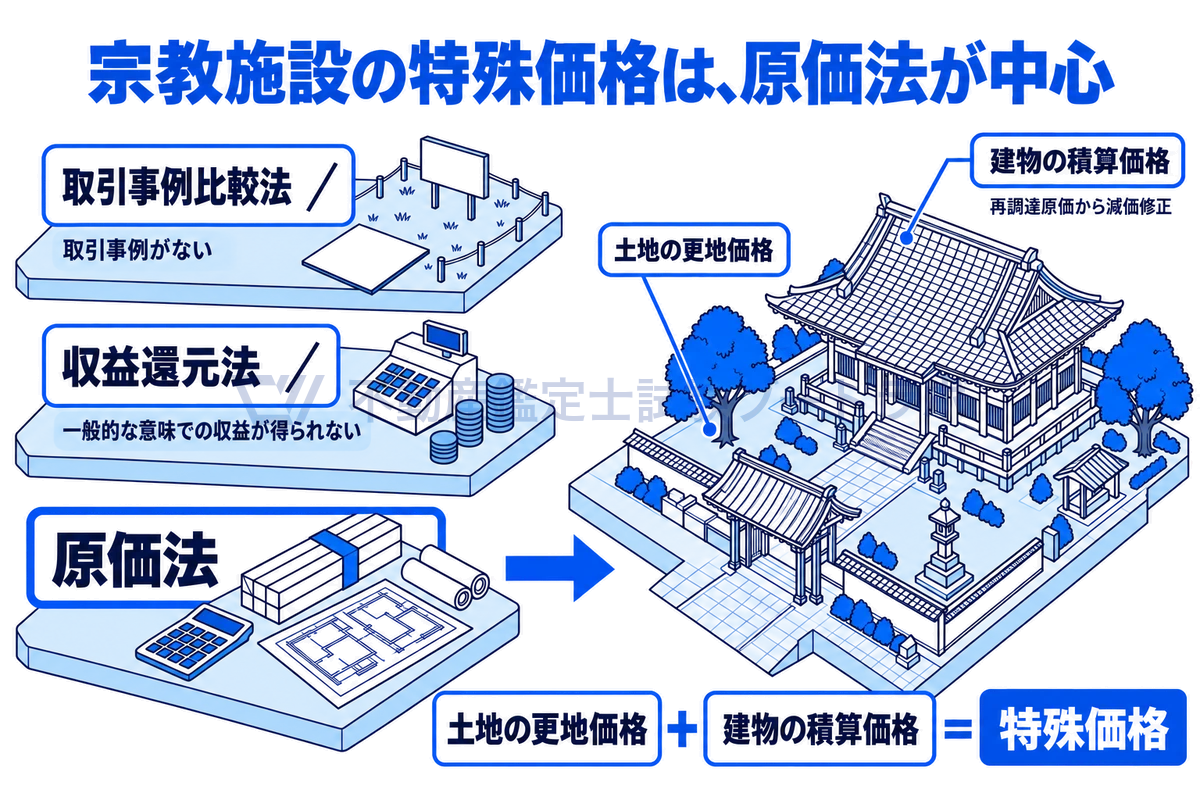 宗教施設の特殊価格を求める手法の図。取引事例比較法は取引事例がなく、収益還元法は一般的な意味での収益が得られないため適用が難しく、原価法で土地の更地価格と建物の積算価格を合算して特殊価格を求める流れを示す。