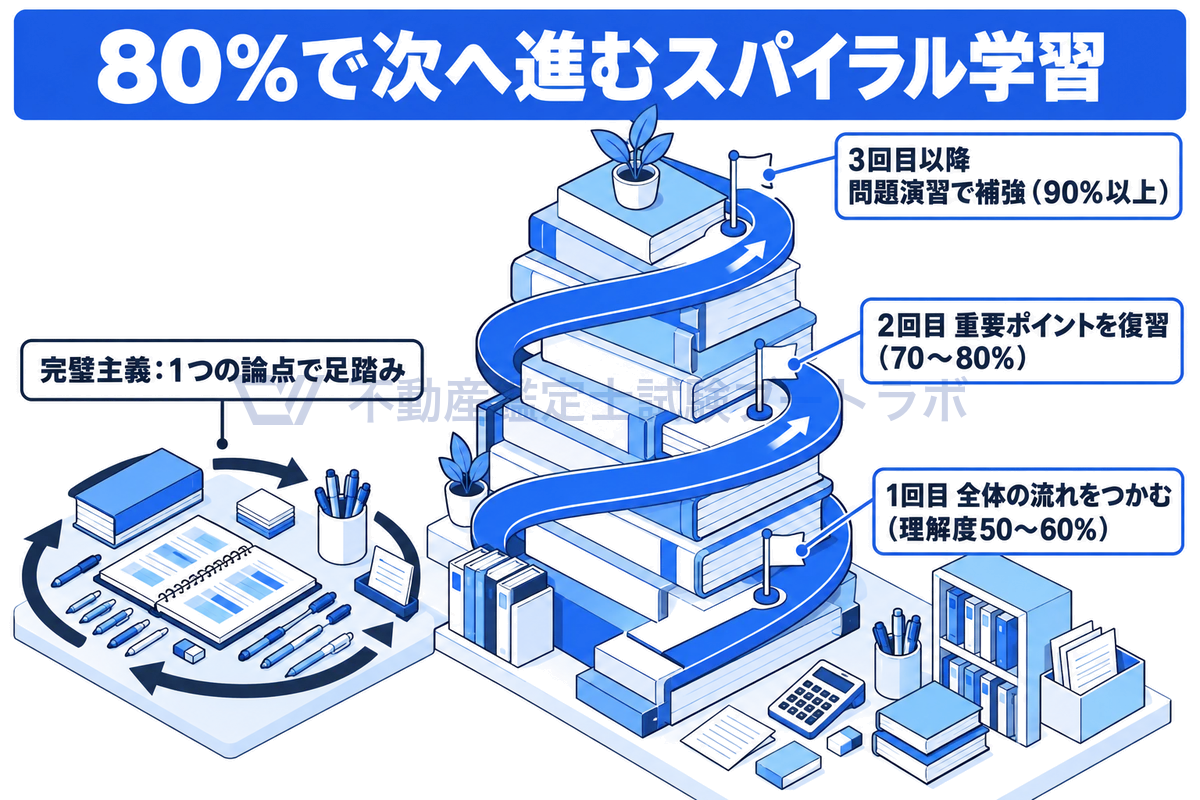 完璧主義を避けるスパイラル学習法を、本の山を巻いて登る坂道で描いた図。1回目は理解度50〜60%で全体の流れをつかみ、2回目は重要ポイントで70〜80%、3回目以降は問題演習で弱点を補強して90%以上をめざす。1つの論点で足踏みする完璧主義と対比している。