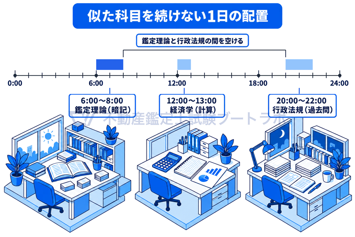 科目間の干渉を避ける1日の学習配置を時間軸で示した図。朝6時から8時に鑑定理論の暗記、昼12時から13時に経済学の計算、夜20時から22時に行政法規の過去問を置き、似た科目である鑑定理論と行政法規の間を空けている。