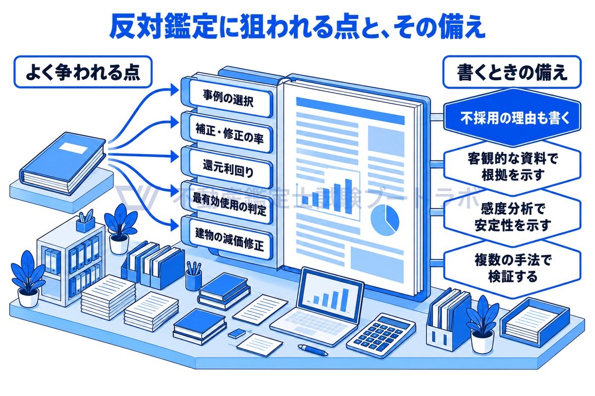 反対鑑定書でよく争われる5つの点(事例の選択、補正・修正、還元利回り、最有効使用、建物の減価修正)と、それに備える4つの書き方(不採用の理由も書く、客観的な資料、感度分析、複数手法で検証)を左右に並べた図。