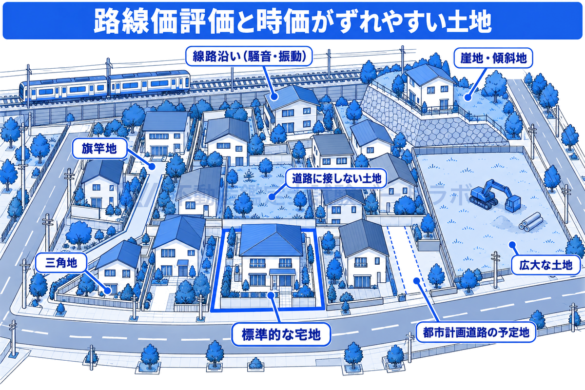 住宅街の一区画を斜め上から見た図。道路に面した標準的な宅地の周りに、旗竿地、三角地、崖地・傾斜地、線路沿いの土地、道路に接しない土地、都市計画道路の予定地、広大な土地が並び、路線価評価と時価がずれやすい土地を示す。