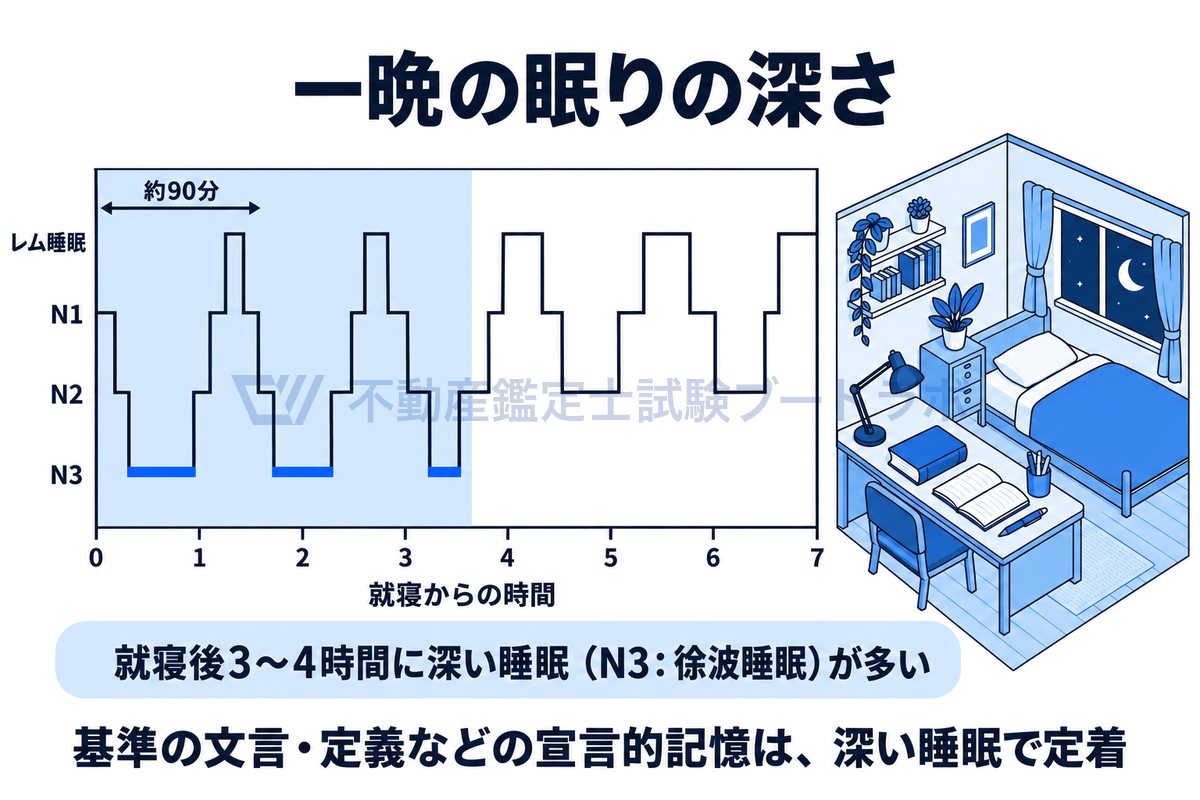 一晩の睡眠の深さの移り変わりを示した図。約90分の周期でノンレム睡眠とレム睡眠を繰り返し、知識の定着に関わる深い睡眠(N3:徐波睡眠)は就寝後3〜4時間の前半に多く、後半はレム睡眠が長くなることを、時間の比例どおりのグラフで表している。