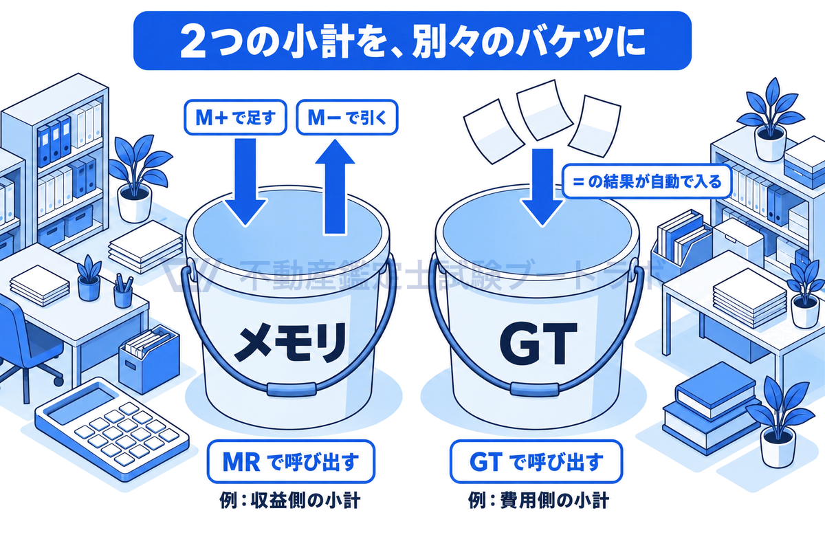 2つのバケツの線画で、左のメモリはM+で足してM−で引きMRで呼び出せ、右のGTは=で確定した結果が自動で入りGTで呼び出せることを示し、収益側の小計をメモリ、費用側の小計をGTに分けて同時に持つ使い方を表した図。