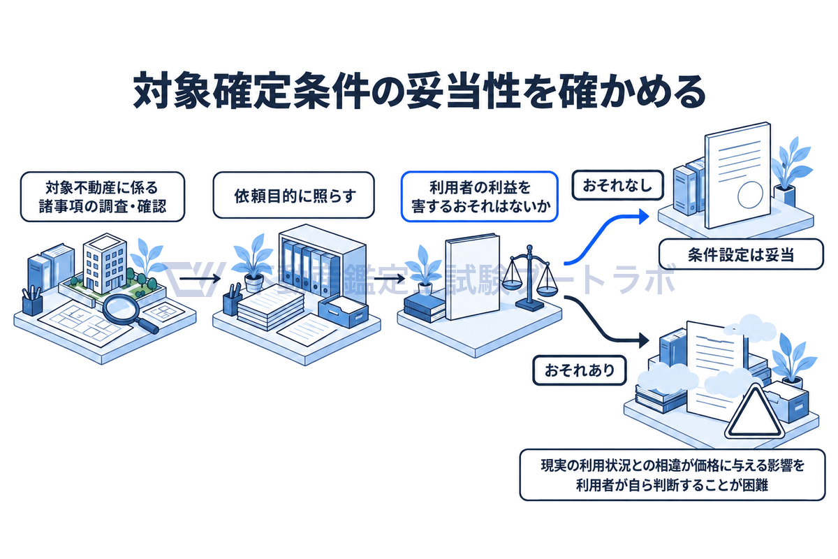 対象確定条件を設定するときの妥当性の確認を順に示した図。対象不動産の調査・確認を行い、依頼目的に照らして、鑑定評価書の利用者の利益を害するおそれがないかを確かめ、おそれがあるのは価格への影響を利用者が自ら判断しにくい場合と示す。