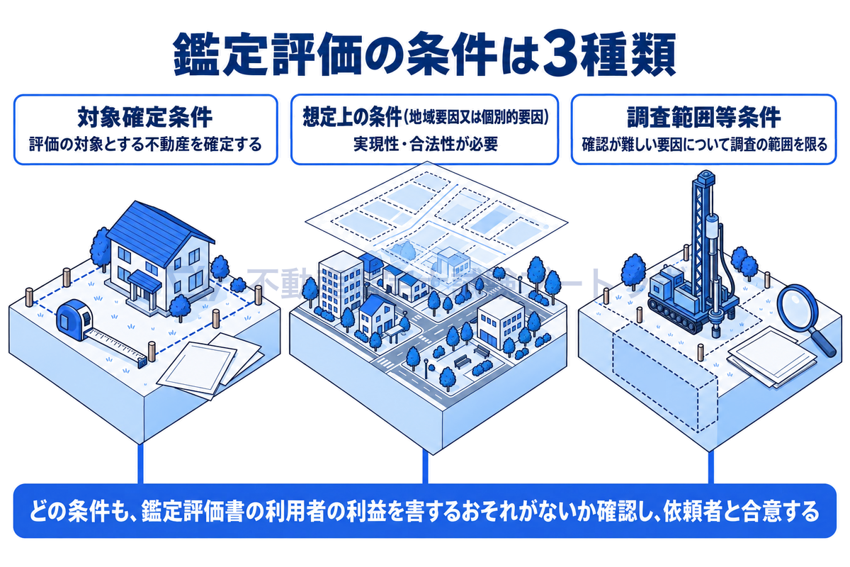 鑑定評価の条件の3種類を、3つの場面のイラストで並べた図。対象確定条件は評価の対象を確定し、地域要因又は個別的要因についての想定上の条件は実現性と合法性が求められ、調査範囲等条件は通常の調査では確認が難しい要因について調査の範囲を限る。