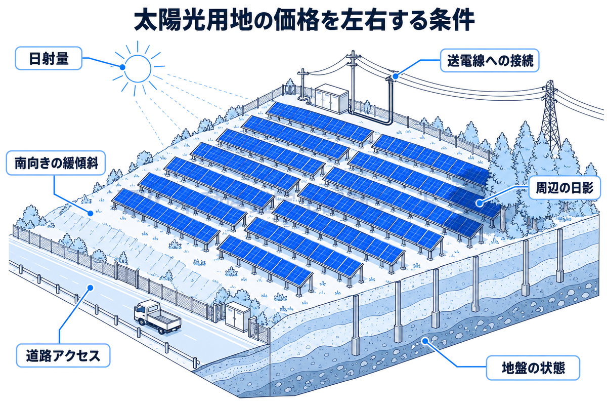 太陽光発電用地の価格を左右する条件を、南向きの緩い斜面に広がる発電所のイラストで示した図。日射量、送電線への接続のしやすさ、建設や点検のための道路アクセス、南向きの緩傾斜、周辺の樹木や建物による日影、基礎工事に適した地盤が価格に影響する。