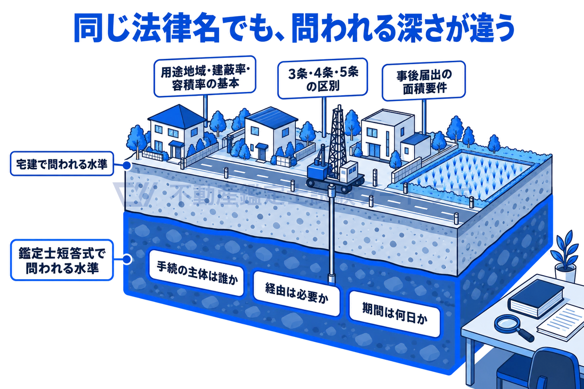 同じ法律でも問われる深さが違うことを地面の断面で示した図。地上には宅建で問われる水準として用途地域・建蔽率・容積率の基本、農地法の3条・4条・5条の区別、事後届出の面積要件、地下深くには鑑定士短答式で問われる手続の主体・経由の要否・期間がある。