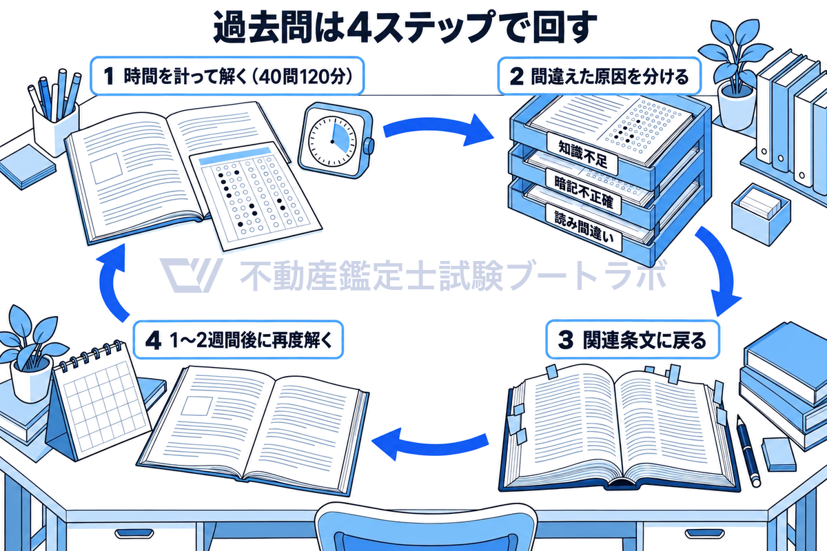 過去問を使う4ステップを机の上で回る輪にした図。時間を計って40問120分で解き、間違えた原因を知識不足・暗記不正確・読み間違いに分け、関連条文に戻って確認し、1〜2週間後に再度解いて、また最初に戻る。