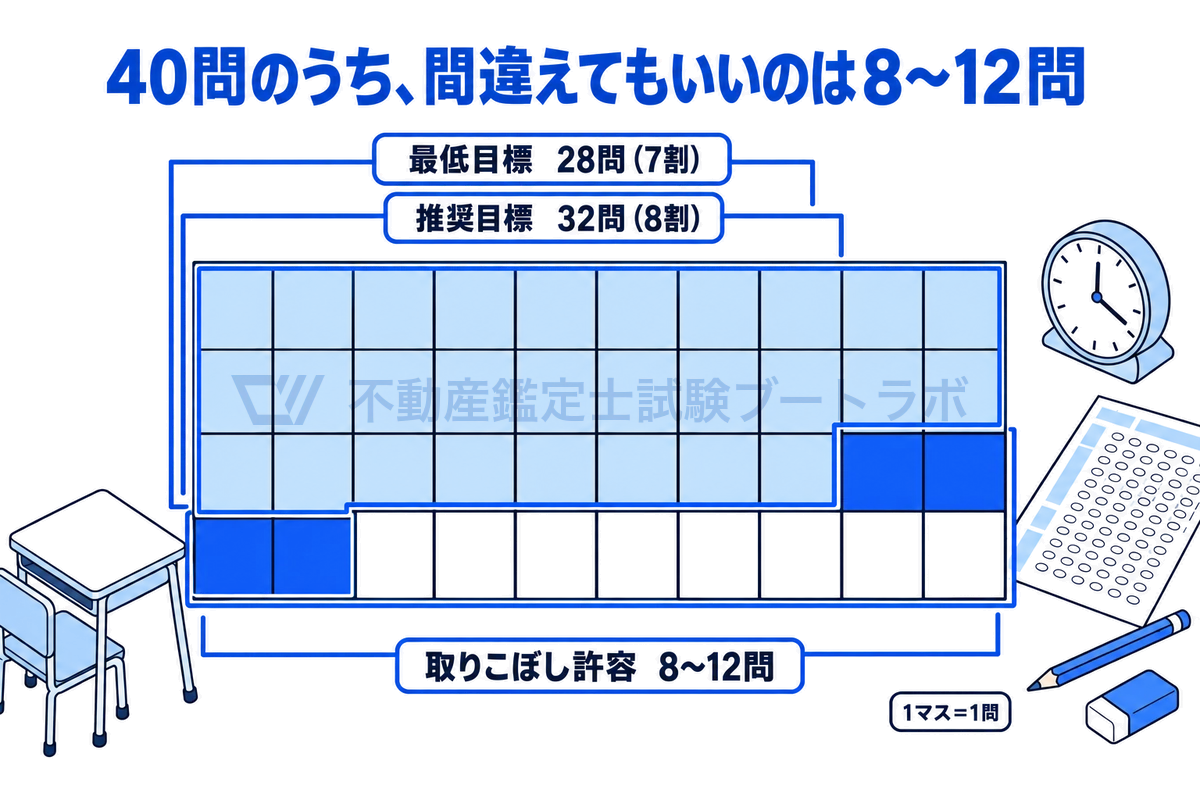 1科目40問を1問1マスの40マスで表し、最低目標の28問（7割）、推奨目標の32問（8割）までを塗り分けて、取りこぼしても目標に届く問題数が8〜12問であることを示した図。