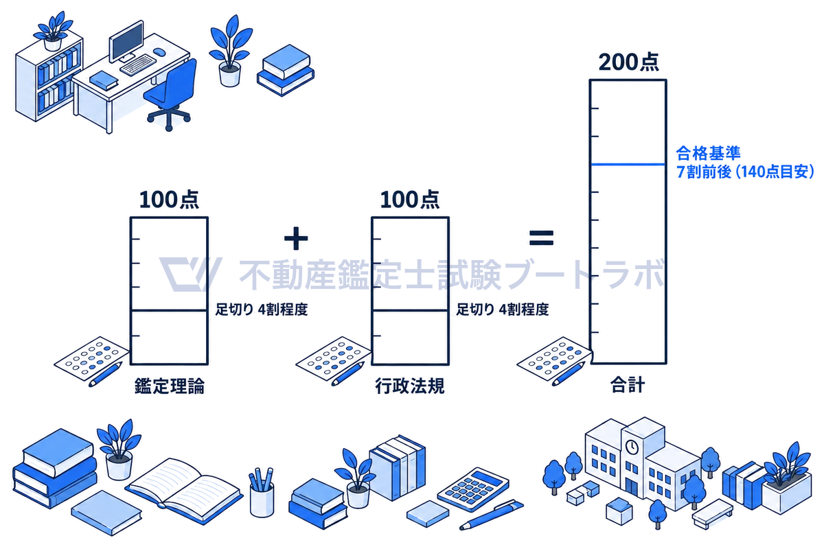 各100点の鑑定理論と行政法規の柱にそれぞれ4割程度の足切りの線を、合計200点の柱に7割前後（140点目安）の合格基準の線を引き、高さを点数に比例させて、総合点と各科目の足切りの両方が合否に関わる仕組みを示した図。