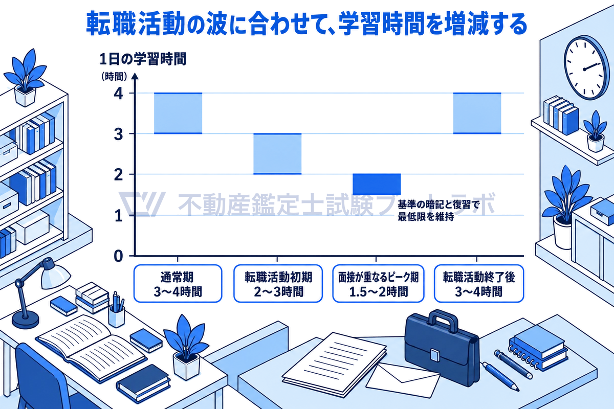 転職活動の段階ごとの1日の学習時間を、通常期3〜4時間、転職活動初期2〜3時間、面接が重なるピーク期1.5〜2時間、終了後3〜4時間の範囲の帯として数値どおりに並べ、ピーク期も基準の暗記と復習で最低限を保つことを示した図。