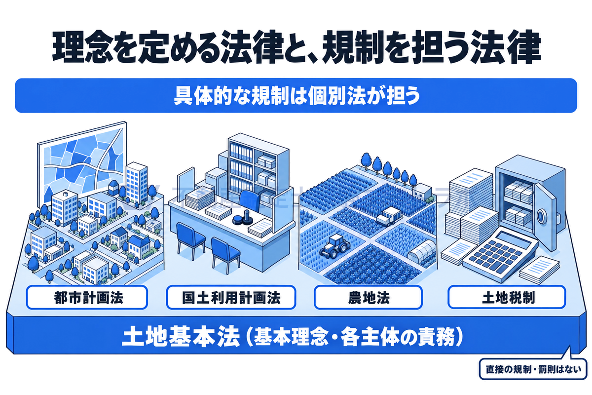 土地基本法と個別法の関係を、大きな土台とその上の4つの情景で示した図。土地基本法は基本理念と各主体の責務を定める土台で直接の規制や罰則はなく、具体的な規制は都市計画法、国土利用計画法、農地法、土地税制が担うことを表している。