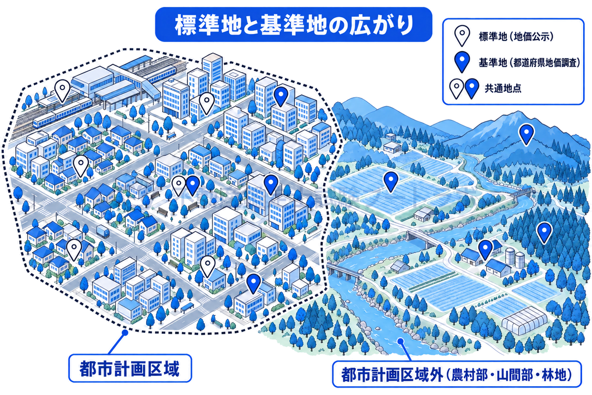 標準地と基準地の広がりを地図風に描いた図。都市計画区域の中には地価公示の標準地と都道府県地価調査の基準地があり、一部は同じ地点の共通地点となっている。都市計画区域外の農村部・山間部・林地には基準地だけが置かれている。