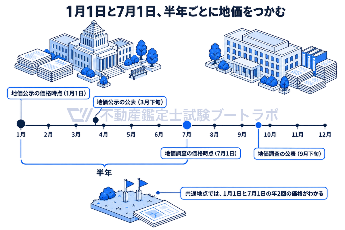 地価公示と都道府県地価調査の1年の日程を示す図。地価公示は1月1日が価格時点で3月下旬に公表、都道府県地価調査は7月1日が価格時点で9月下旬に公表され、半年ずれることで共通地点では年2回の価格がわかる。