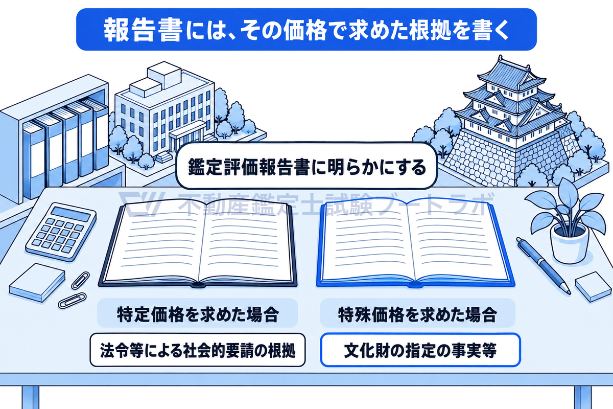 鑑定評価報告書に明らかにすべき事項を、机の上に並べた2冊の報告書で比べた図。特定価格を求めた場合は法令等による社会的要請の根拠を、特殊価格を求めた場合は文化財の指定の事実等を明らかにする。なぜその価格の種類で求めたのかの根拠を示す点が共通していることがわかる。
