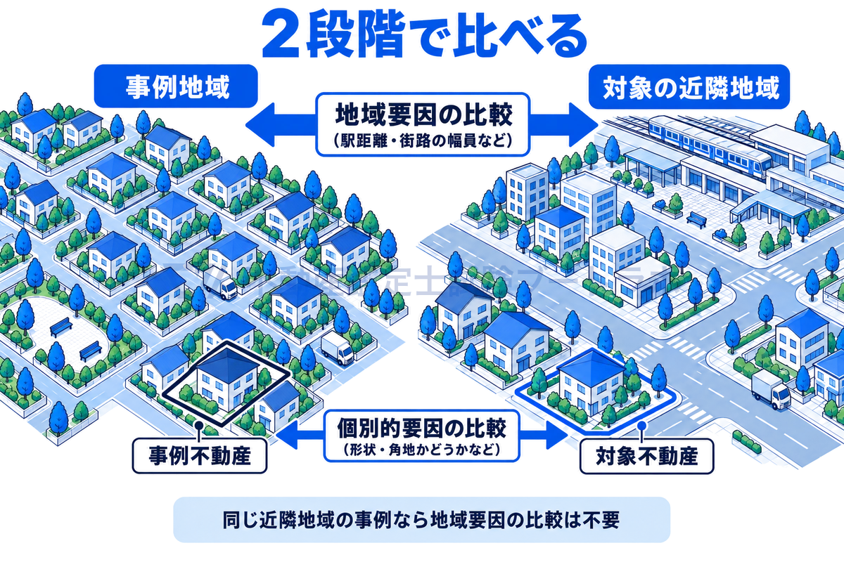 地域要因の比較と個別的要因の比較の2段階を示す図。事例地域と対象の近隣地域を街区ごとに比べて駅距離や街路の幅員の差をみたうえで、事例不動産と対象不動産の区画どうしを形状や角地かどうかで比べることを示している。
