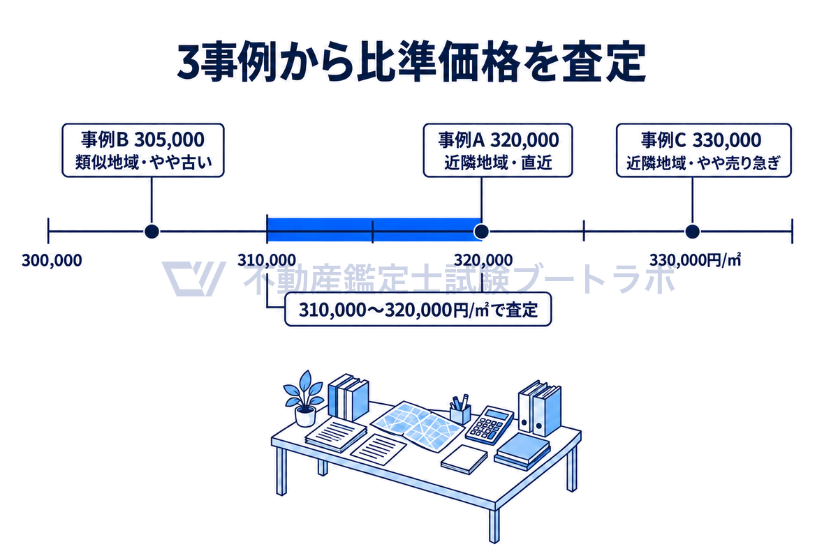 3つの事例から求めた比準価格を数直線に並べた図。事例A 320,000円、事例B 305,000円、事例C 330,000円（いずれも1㎡あたり）を位置どおりに示し、信頼性を比べて310,000〜320,000円/㎡の範囲で査定することを帯で示している。