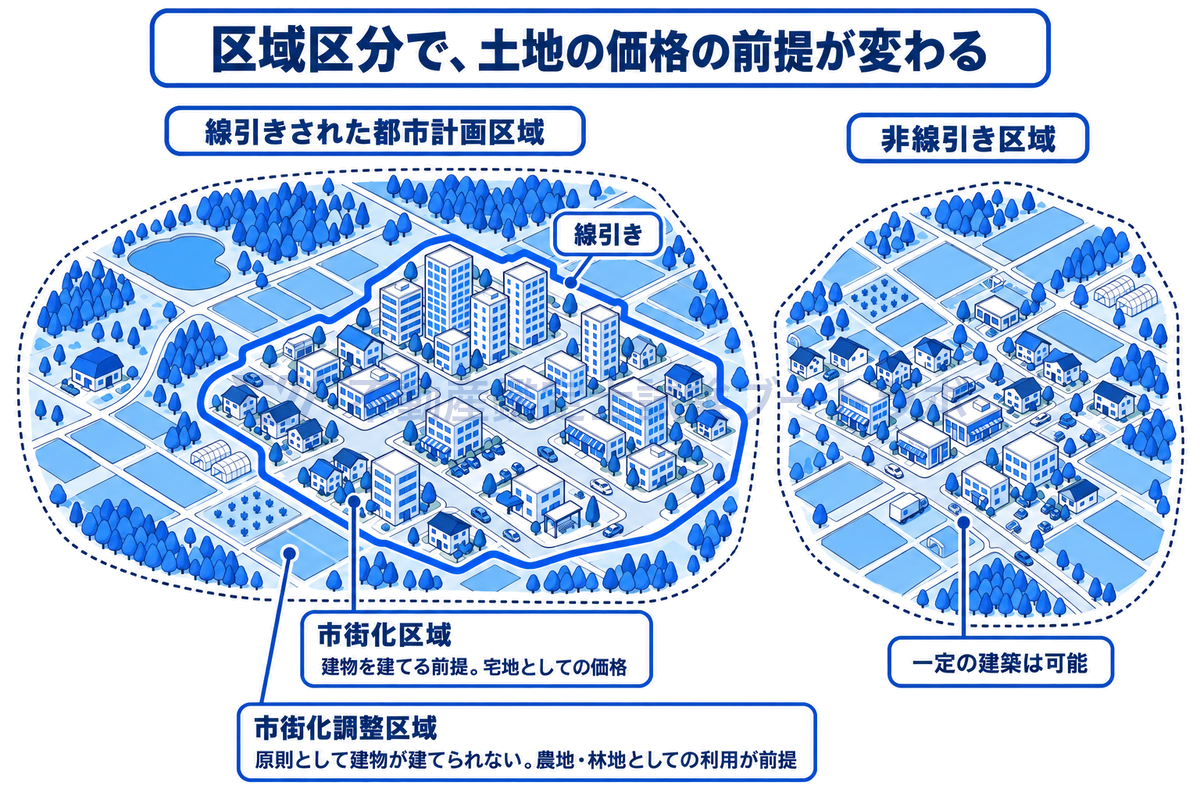 都市計画区域の区域区分を俯瞰した図。線引きされた区域は、宅地としての価格形成がされる市街化区域と、原則として建物が建てられず農地・林地としての利用が前提の市街化調整区域に分かれ、非線引き区域では一定の建築が可能であることを示す。