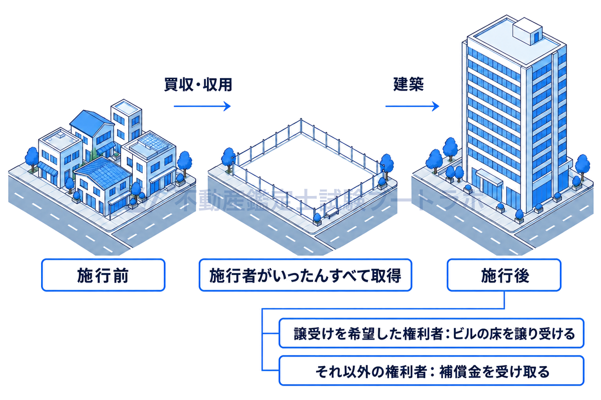第二種市街地再開発事業を同じ街区の3コマで描いた図。古い建物が密集する施行前から、施行者が土地・建物をすべて買収・収用していったん取得し、施行後の高層ビルでは譲受けを希望した権利者が床を譲り受け、それ以外は補償金を受け取る。