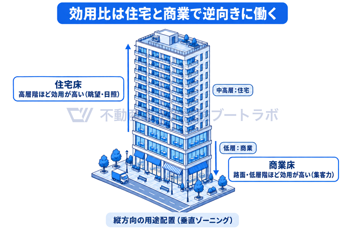 低層が店舗、中高層が住宅の施設建築物の線画の両脇に矢印を置き、住宅床は眺望・日照のよい高層階ほど、商業床は集客力のある路面・低層階ほど効用が高いという、効用比が逆向きに働く構造と垂直ゾーニングを示した図。