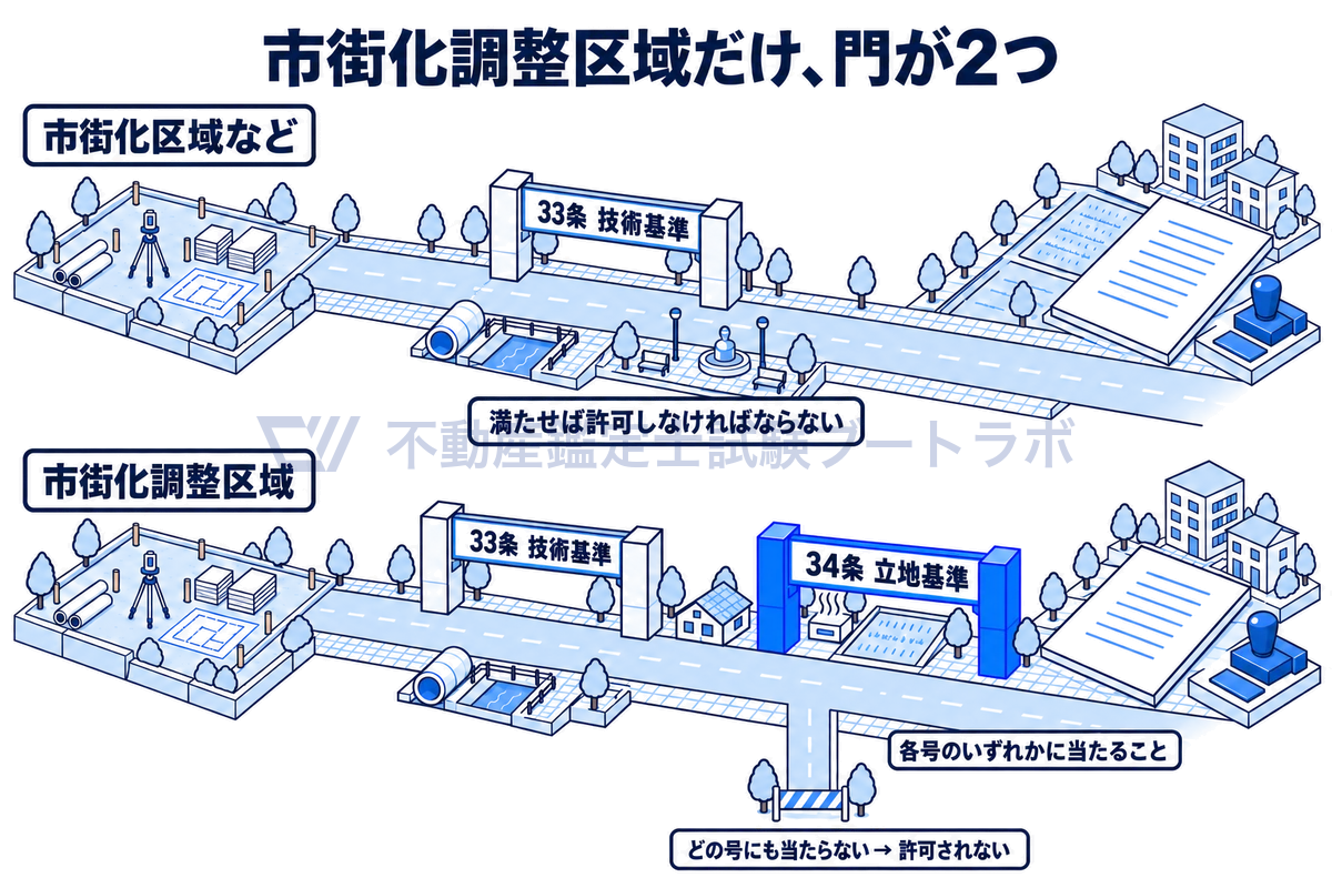 開発許可の審査を門にたとえた図。市街化区域などでは33条の技術基準の門を通れば許可されるが、市街化調整区域では33条に加えて34条の立地基準の門も通る必要があり、34条各号のどれにも当たらなければ許可が出ないことを示している。