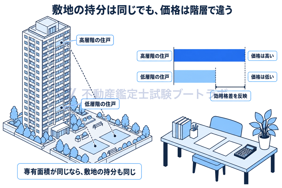タワーマンションの敷地持分と価格の関係を示した模式図。専有面積が同じなら高層階の住戸も低層階の住戸も敷地の持分は同じだが、市場価格は階層によって大きく異なり、その差は区分所有建物特有の効用格差を反映したものであることを表している。