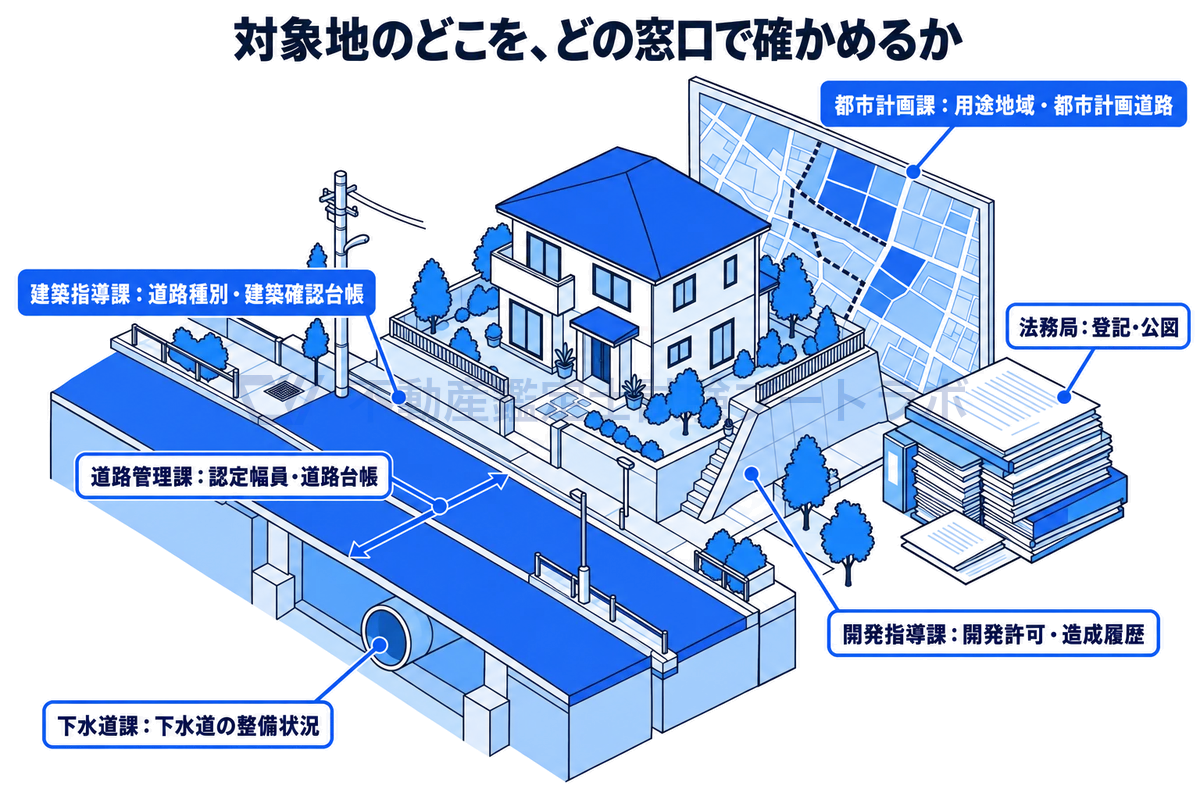 役所調査で、対象地のどの部分をどの窓口で確かめるかを一つの敷地の情景で示した図。用途地域や都市計画道路は都市計画課、道路種別や建築確認台帳は建築指導課、認定幅員は道路管理課、下水道は下水道課、開発許可は開発指導課、登記と公図は法務局で確認する。