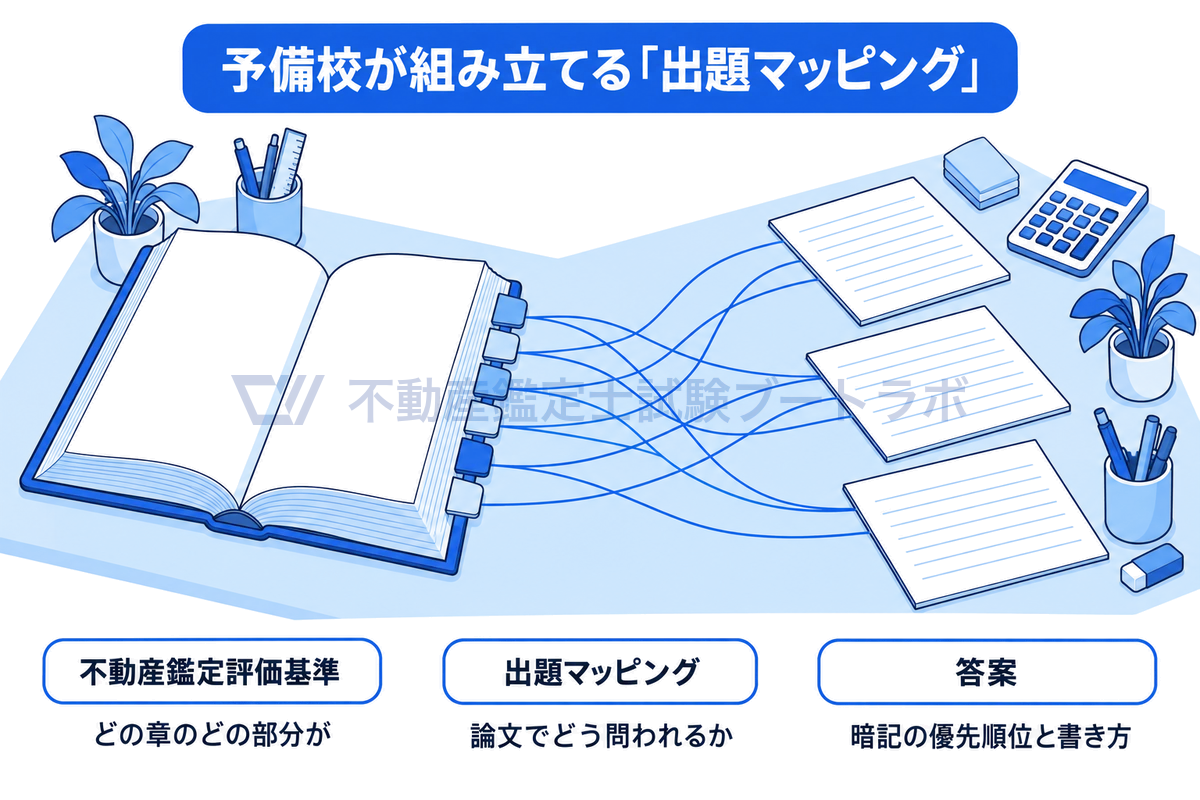 開いた不動産鑑定評価基準の冊子の章のタブから、論文の答案用紙へ何本もの線が結ばれる線画で、基準のどの部分が論文でどう問われるかを対応づける出題マッピングが予備校の提供する価値であることを示した図。