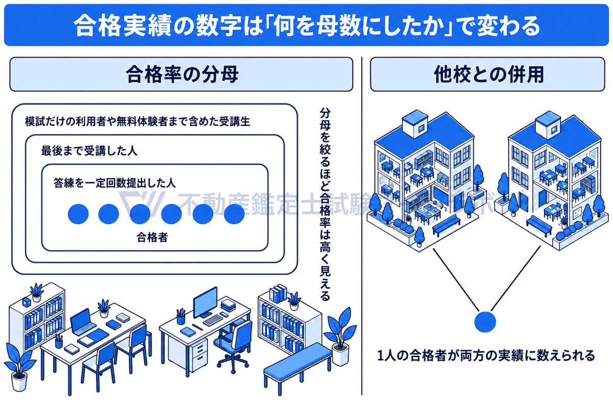 3重の入れ子の四角で、無料体験者まで含めた受講生・最後まで受講した人・答練を一定回数提出した人という分母の違いを示し、同じ合格者でも分母を絞るほど合格率が高く見えることと、併用した1人の合格者が2校の実績に数えられることを示した図。