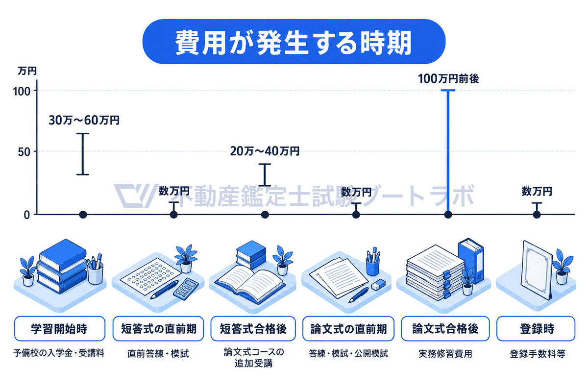 学習開始時の30万〜60万円、短答式合格後の20万〜40万円、論文式合格後の実務修習費用100万円前後など、費用が発生する6つの時期を時間軸に並べ、金額の幅を縦の範囲で示した図。最大の支出は合格した後に来る。