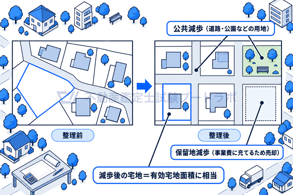 土地区画整理事業の減歩を、整理前と整理後の平面図で示す図。整理前の土地の一部が、道路や公園の用地に充てる公共減歩と、事業費のために売却する保留地減歩に充てられ、残った宅地が有効宅地面積に当たる。